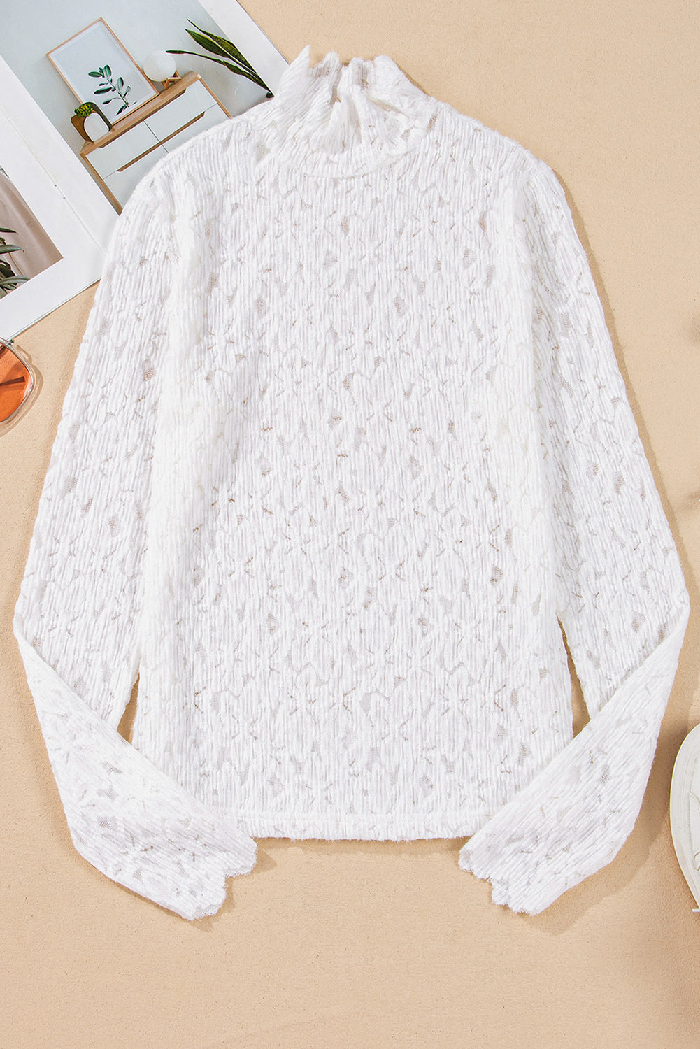 White Flower Lace See Through Mock Neck Long Sleeve Top eAura