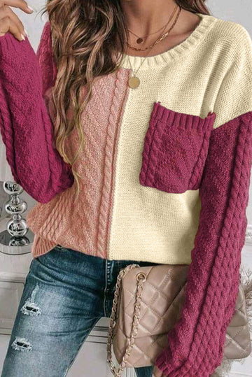 Rose Tan Colourblock Patched Pocket Drop Shoulder Sweater eAura