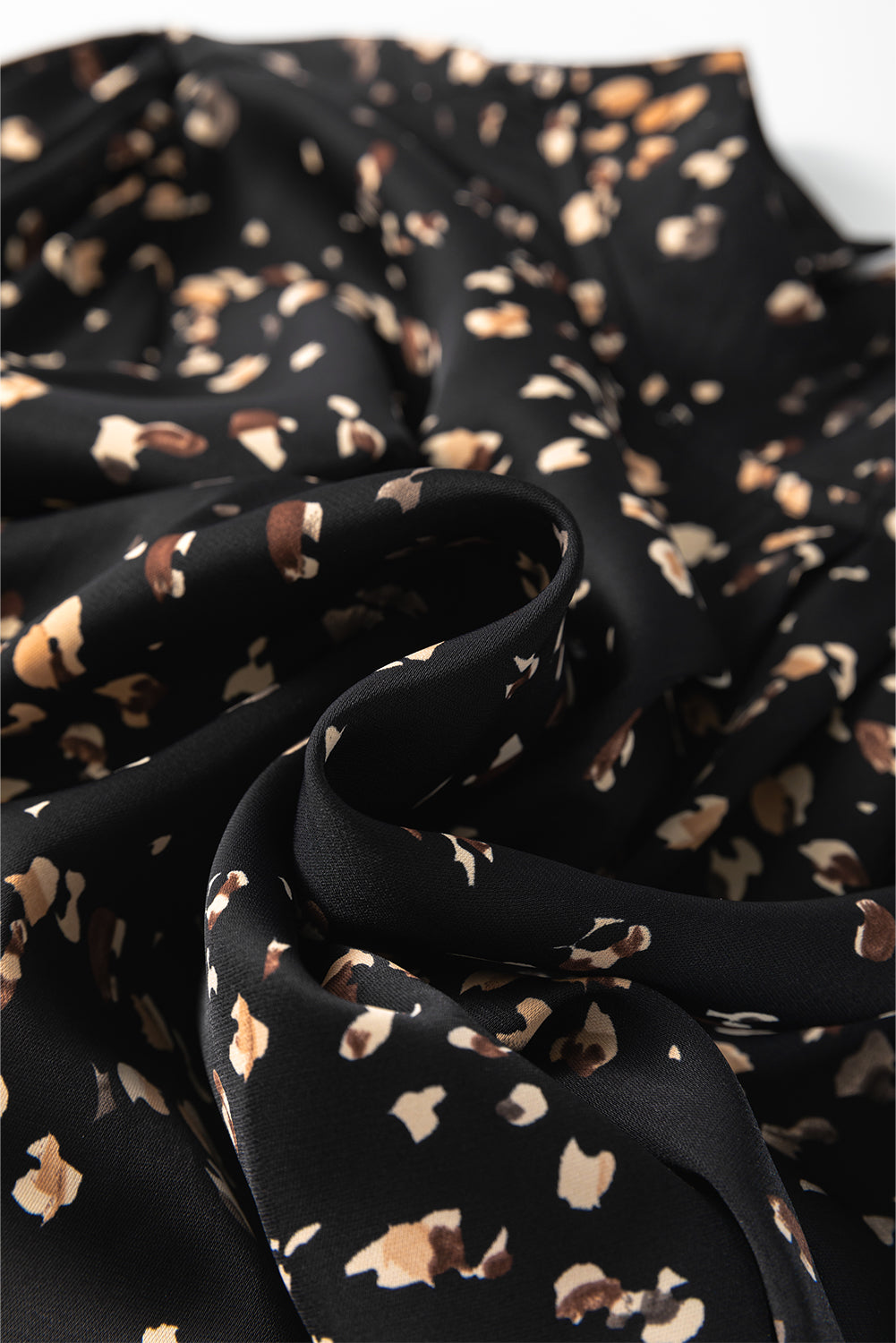 Black Leopard Print Lantern Sleeve Mock Neck Pleated Blouse eAura