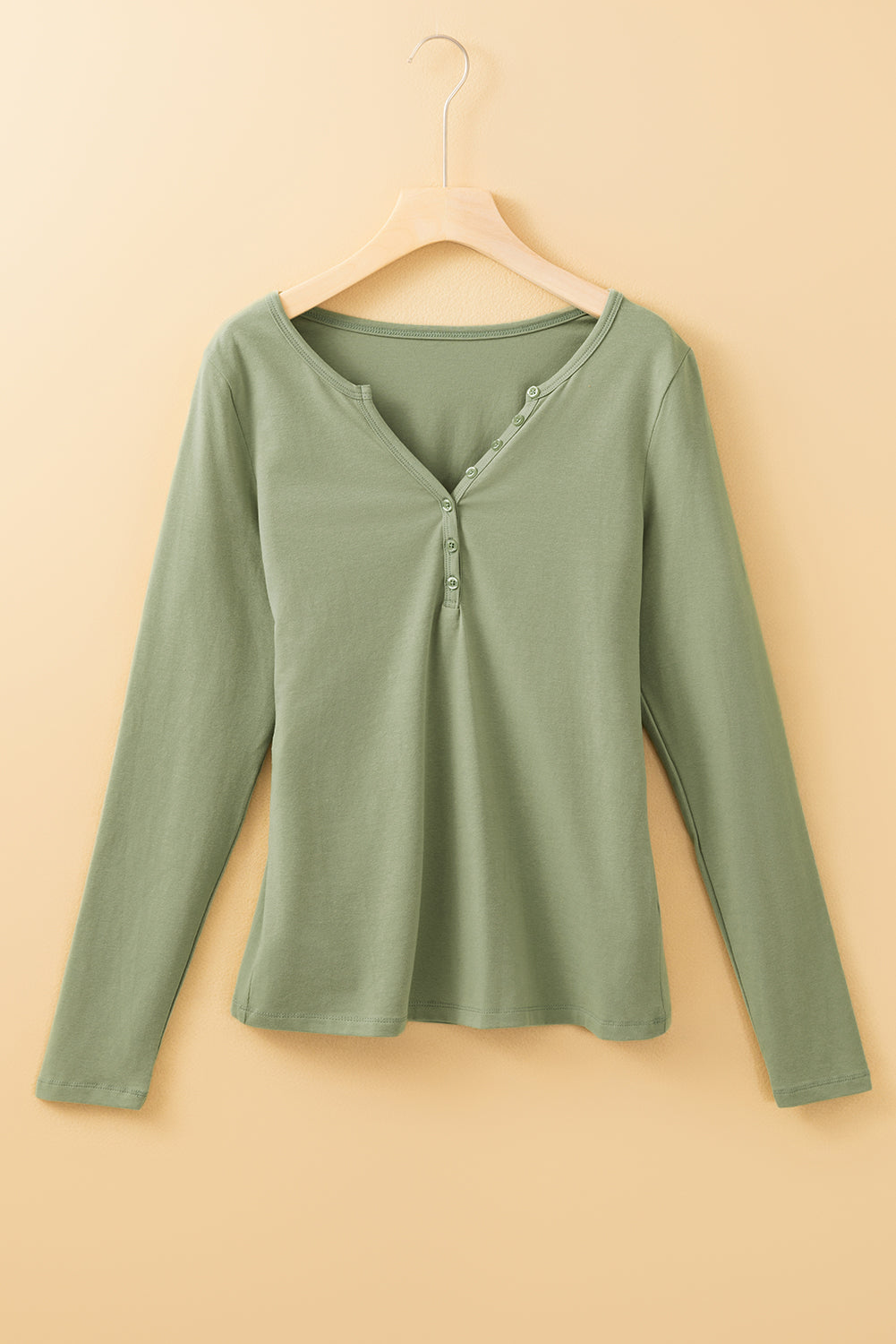 Laurel Green Long Sleeve Buttons V Neck Slim Fit Top eAura