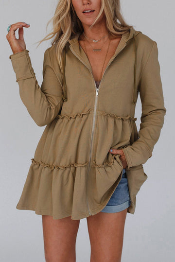 Khaki Tiered Ruffled Zip-Up Drawstring Hooded Jacket eAura