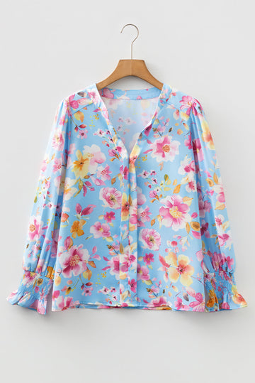 Sky Blue Floral Smocked Cuff Flounce Sleeve V-Neck Blouse eAura