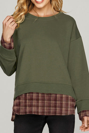 Green Plaid Patchwork Drop Shoulder Sweatshirt - eAura