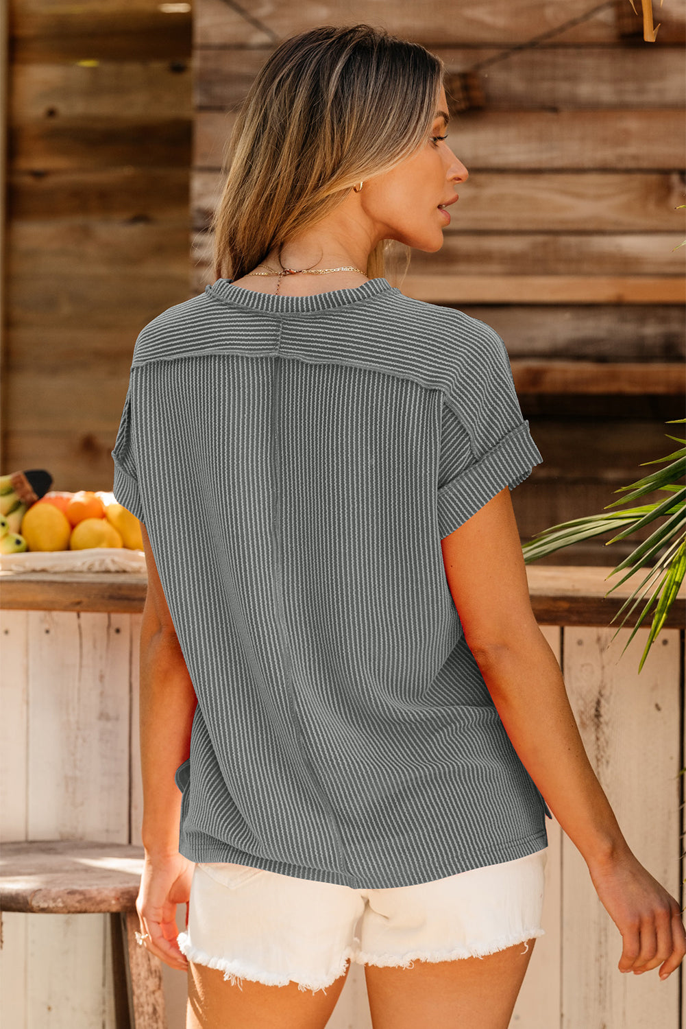 Textured Knit Exposed Stitching T-shirt eAura