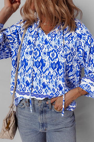 Blue Boho Printed 3/4 Sleeve Tied Neck Blouse eAura