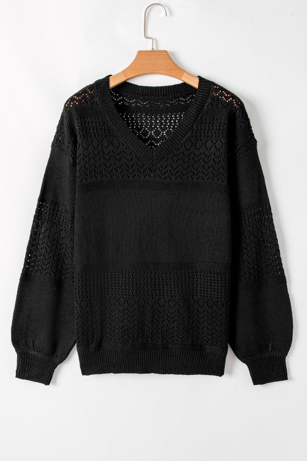 Black Eyelet Pattern Detail V Neck Drop Shoulder Sweater eAura