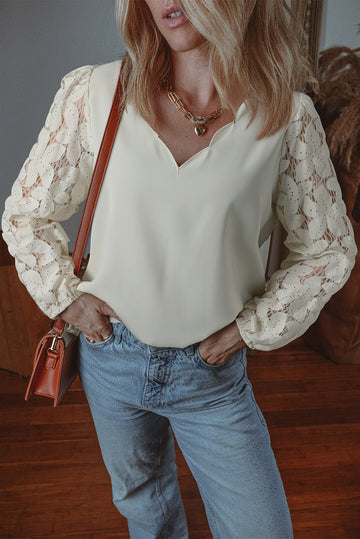 White Scalloped V Neckline Lace Hollowed Lantern Sleeve Blouse eAura