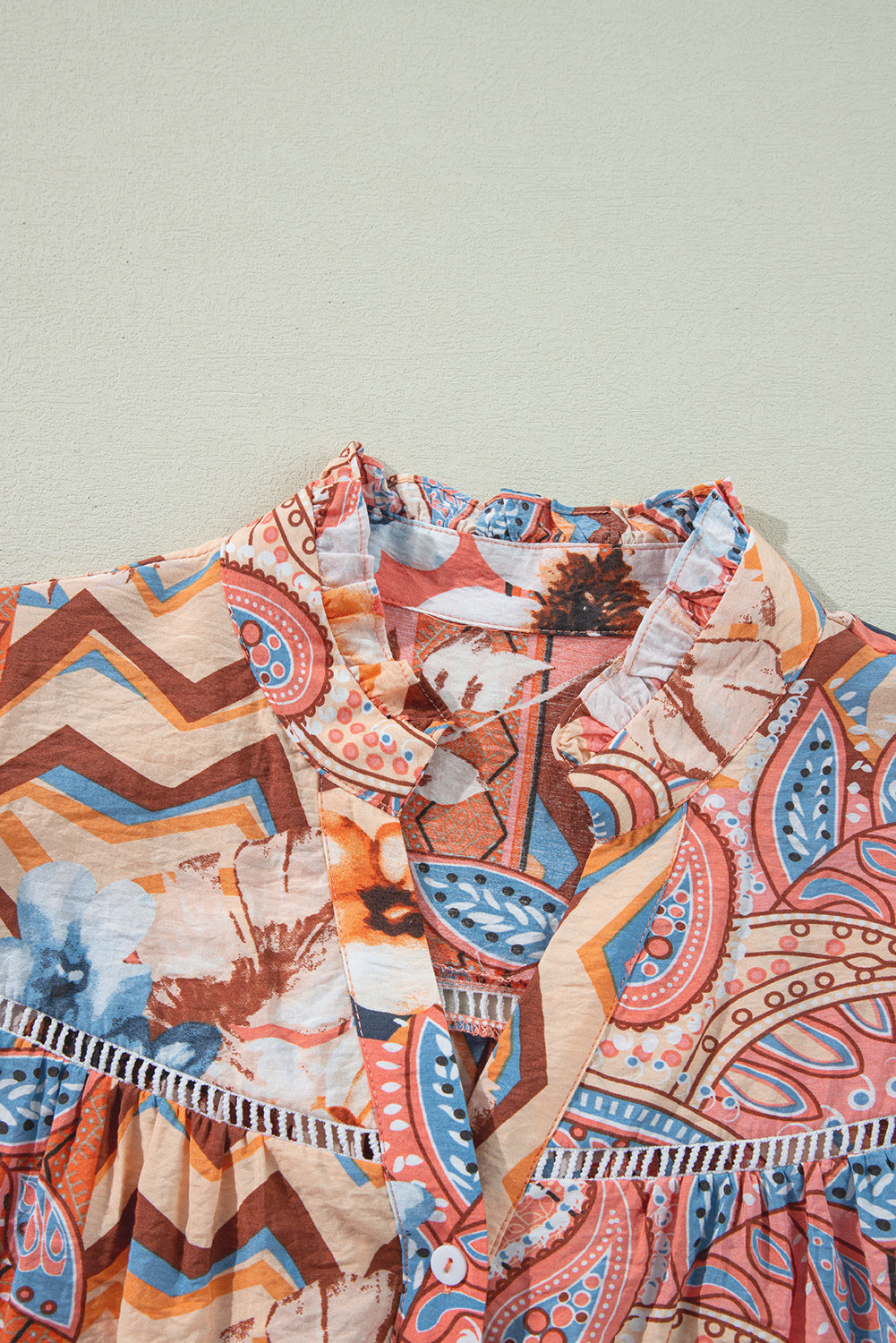 Orange Floral Print Shirred Cuff Buttoned Loose Shirt eAura