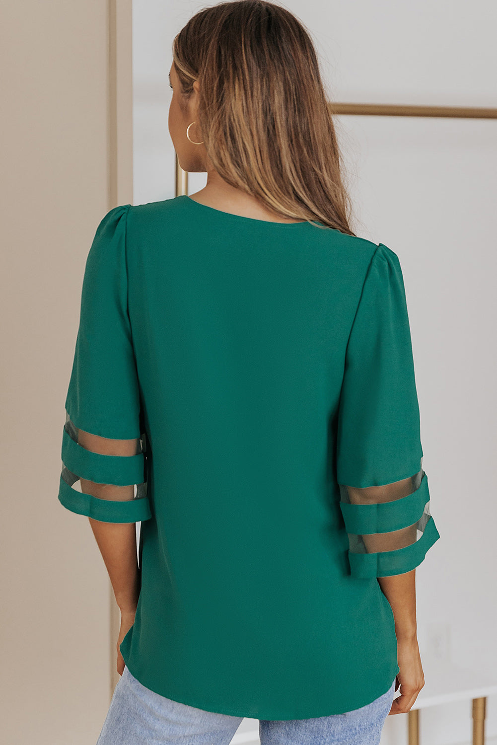 Green Flare Sleeve V Neck Loose Blouse eAura