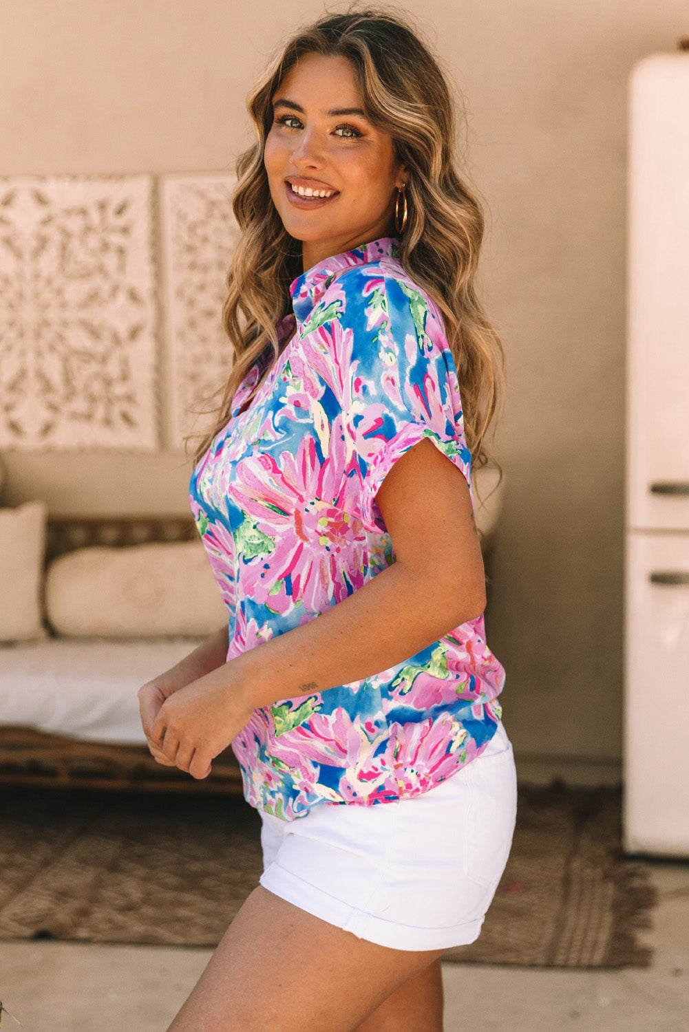 Pink Abstract Floral Print Notch V Neck Rolled Short Sleeve Blouse eAura