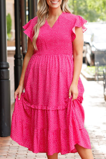Rose Polka Dot Print Ruffle Smocked Plus Midi Dress BB Fashion Outlet
