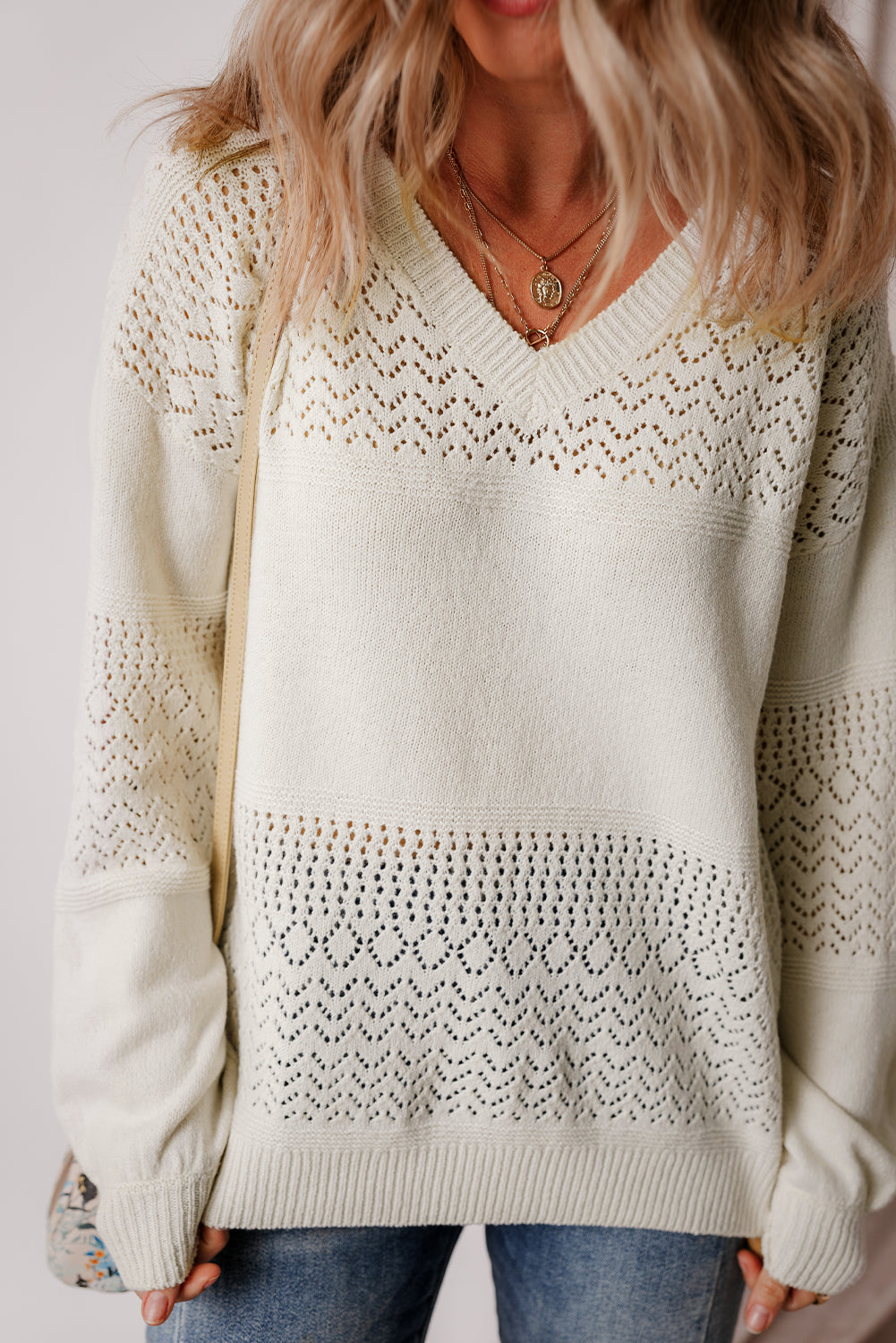 Black Eyelet Pattern Detail V Neck Drop Shoulder Sweater eAura