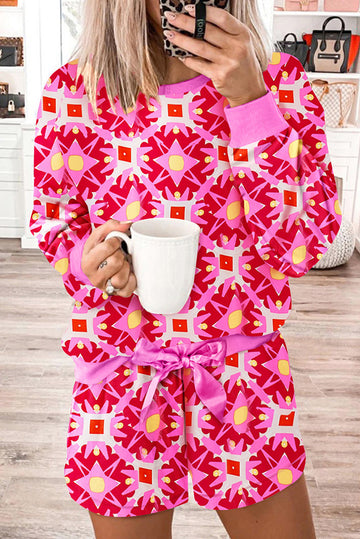 Sachet Pink Geometric Print Long Sleeve Top and Drawstring Shorts Set eAura