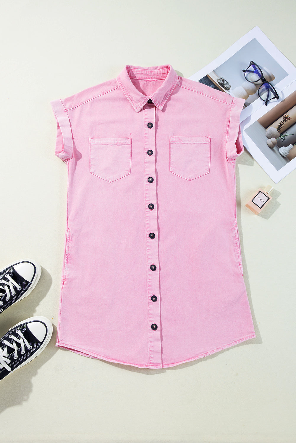 Short Sleeve Double Chest Pocket Denim Shirt Dress eAura