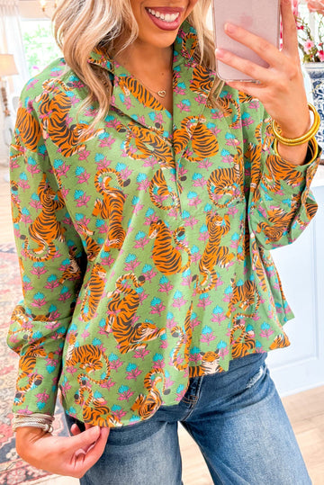 Green Tiger Floral Printed Collared V Neck Casual Shirt eAura