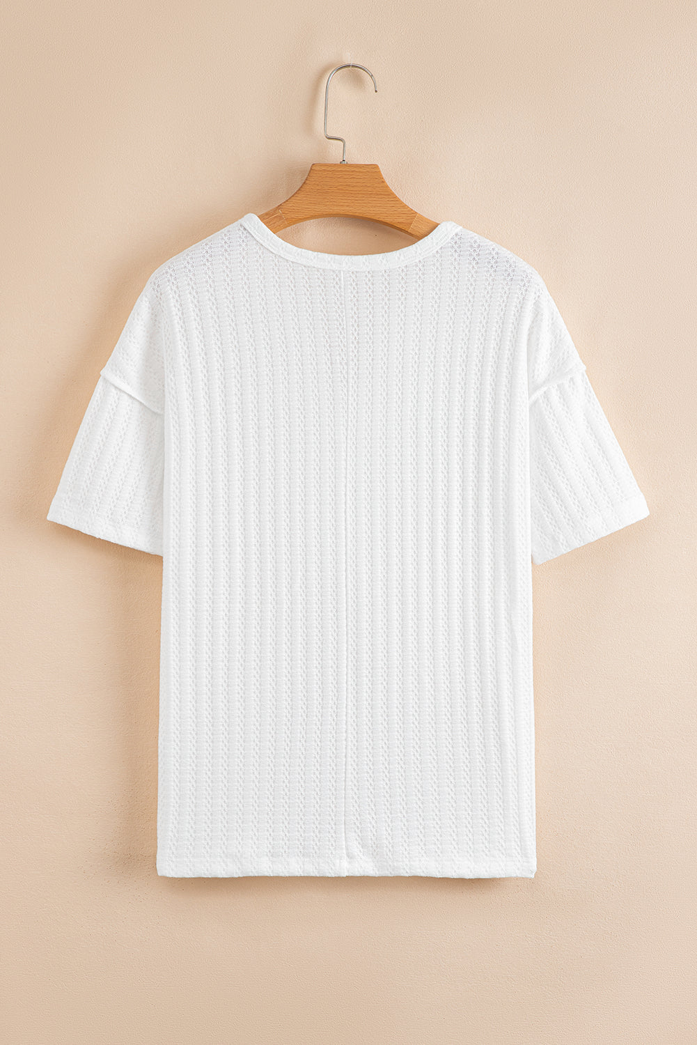 White Textured Hollow Grommet Placket Split Neck Short Sleeve Top eAura