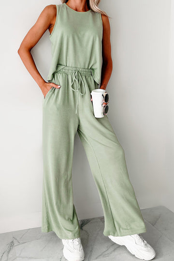 Green Textured Tank Top and Drawstring High Waist Trousers Co-ord Set eAura