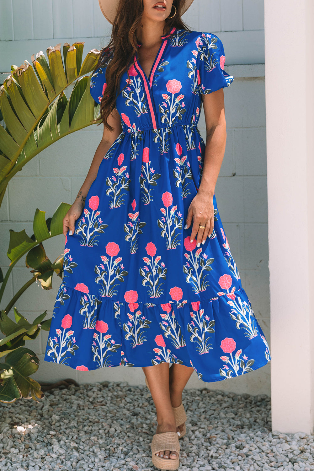 Floral Puff Short Sleeve V Neck High Waist Maxi Dress eAura