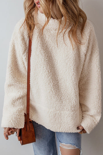 White Solid Fleece High Neck Drop Shoulder Pullover Sweatshirt eAura