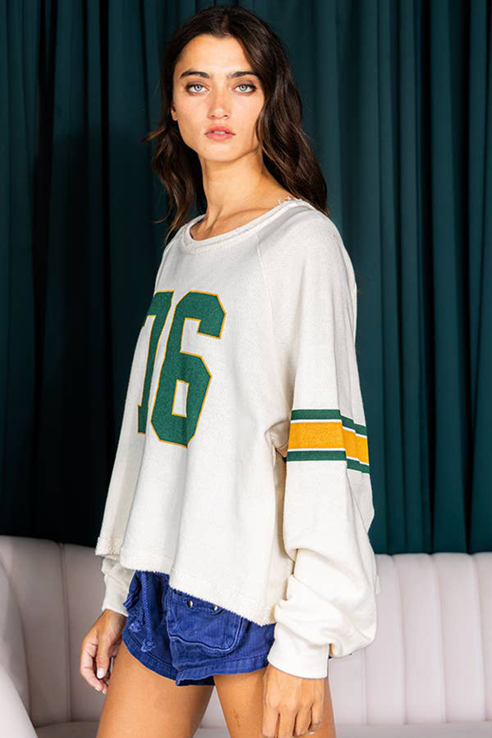 White Number 76 Printed Retro Sporty Long Sleeve Top eAura