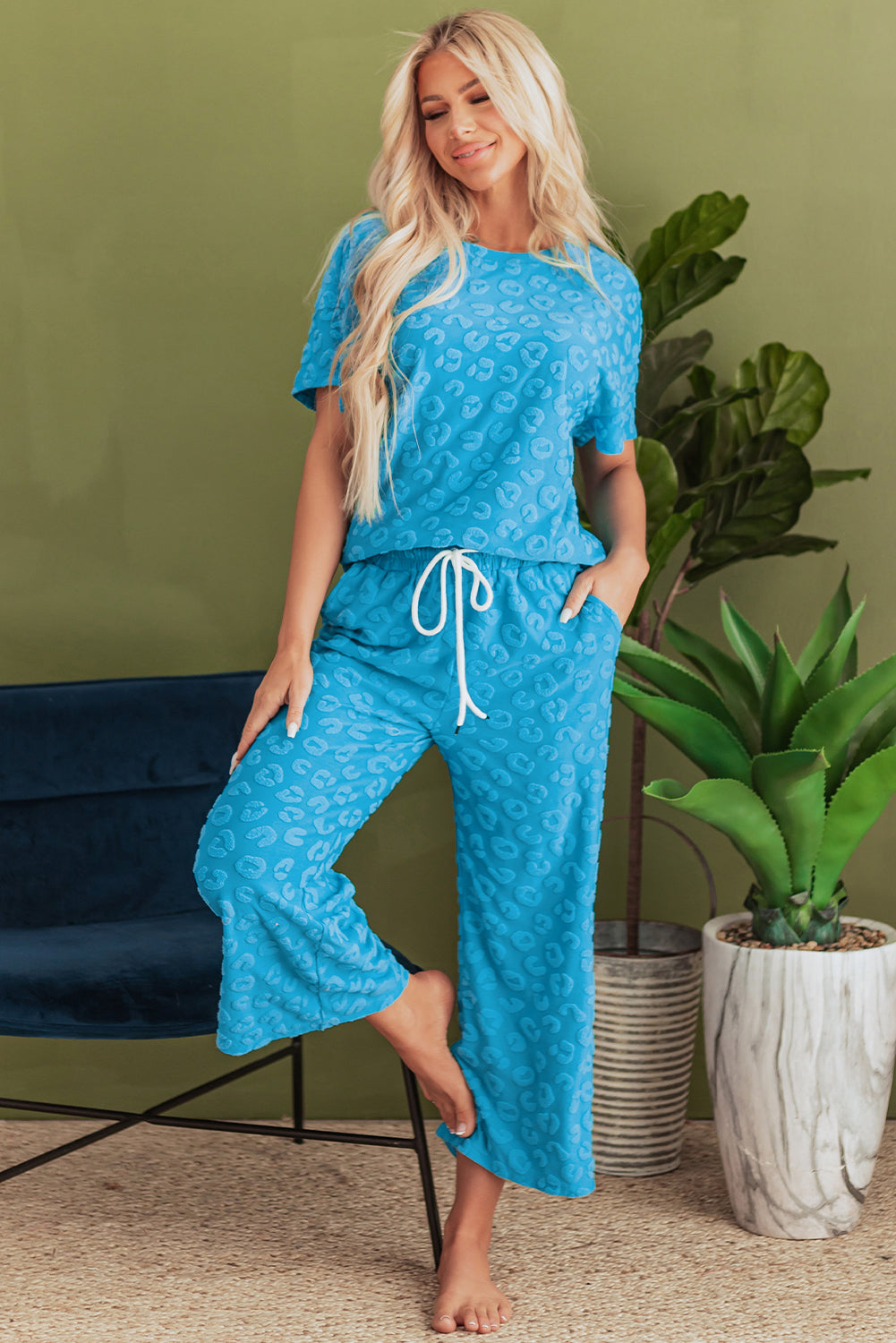 Blue Leopard Jacquard Short Sleeve Top and Wide Leg Trousers Set eAura