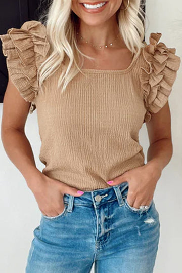 Smoke Grey Ruffled Tiered Sleeve Square Neck Textured Top eAura