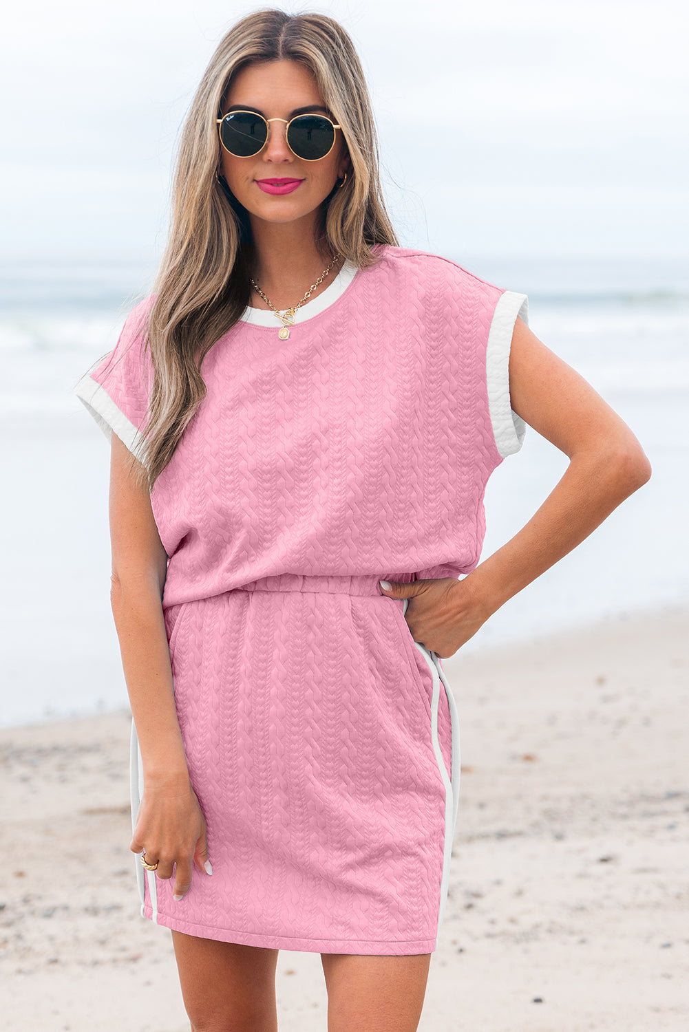 Pink Contrast Trim Textured Crewneck Tee and Pocketed Skirt Co-ord Set eAura