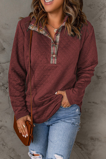 Fiery Red Geometric Texture Plaid Trim Sweatshirt eAura