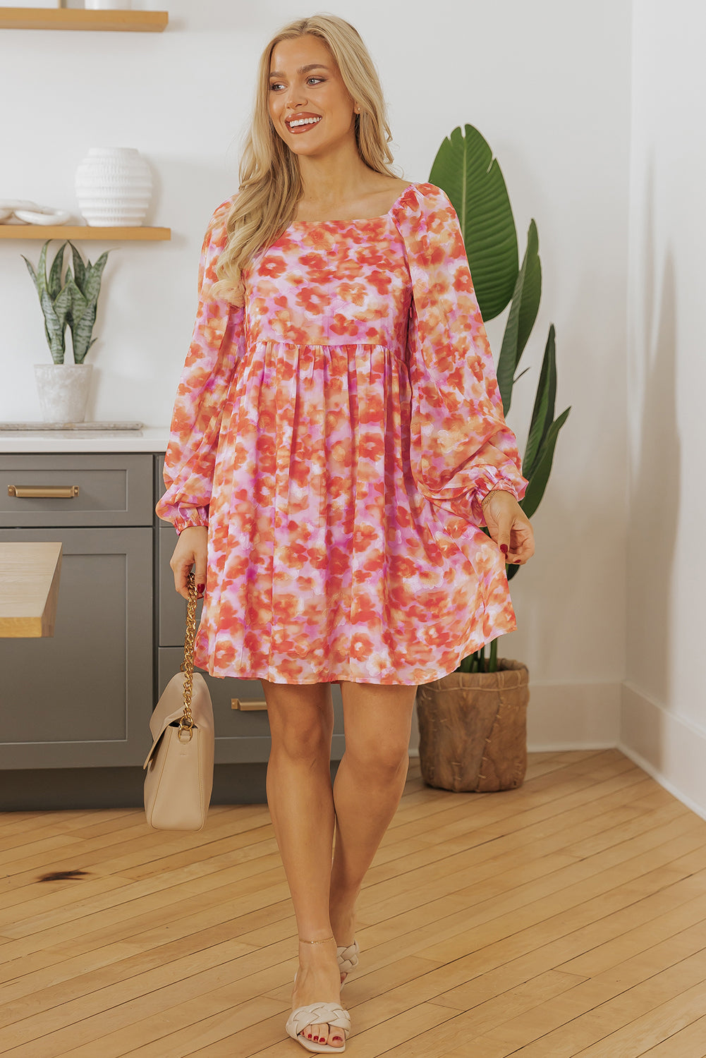 Rose Floral Print Square Neck High Waist Mini Dress eAura
