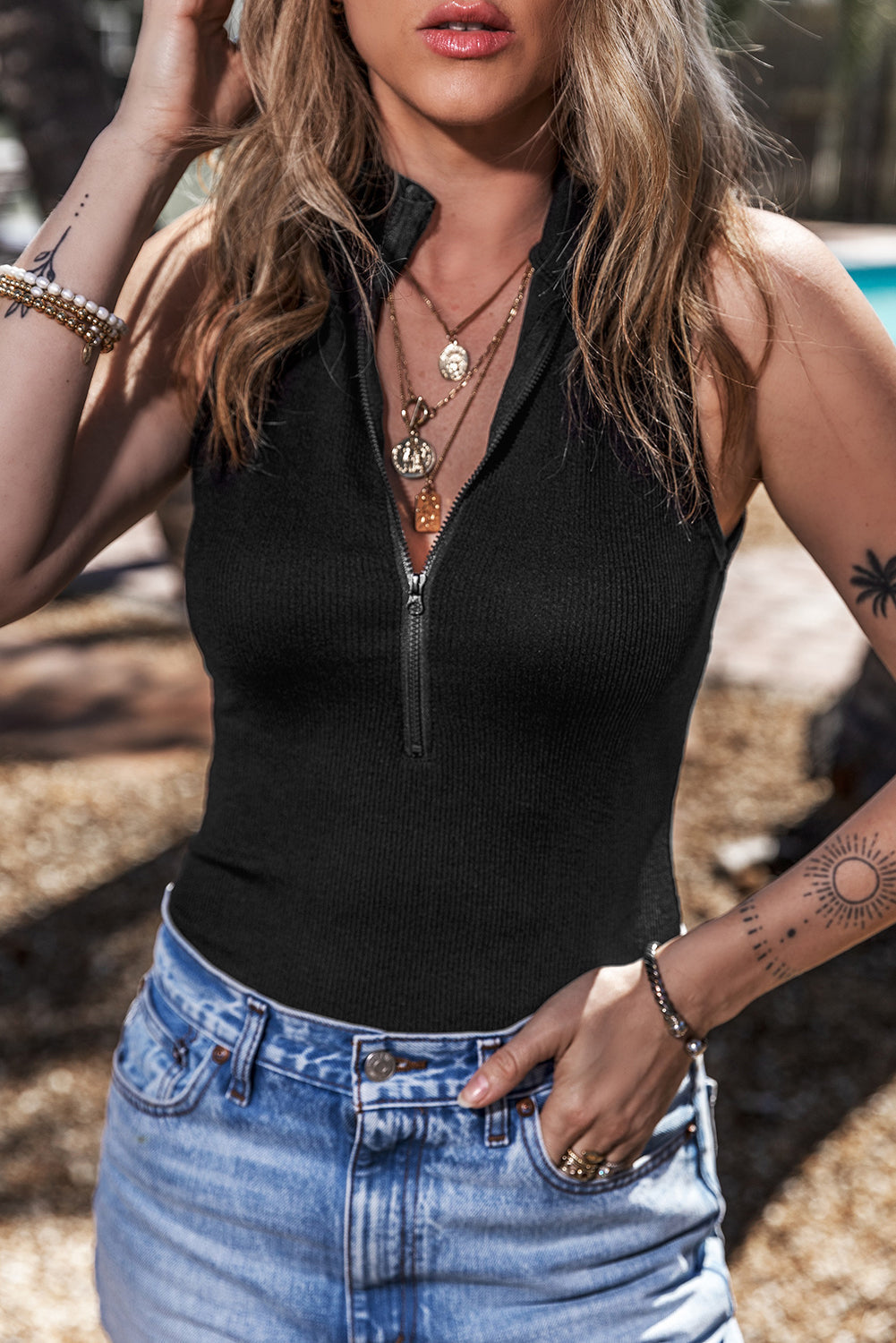 Black Zip up Mock Neck Ribbed Sleeveless Bodysuit eAura