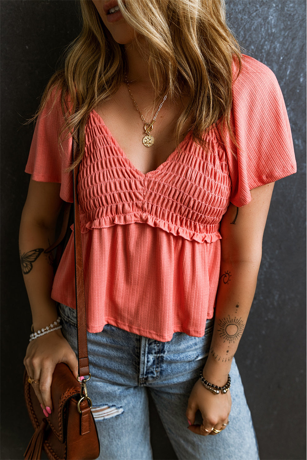 Oatmeal Shirred V Neck Short Flutter Sleeve Textured Blouse eAura