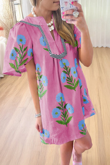 Floral Short Sleeve Split Neck Loose Mini Dress eAura