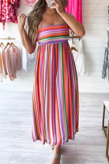 Multicolour Striped Thin Straps Smocked Back Boho Maxi Dress eAura