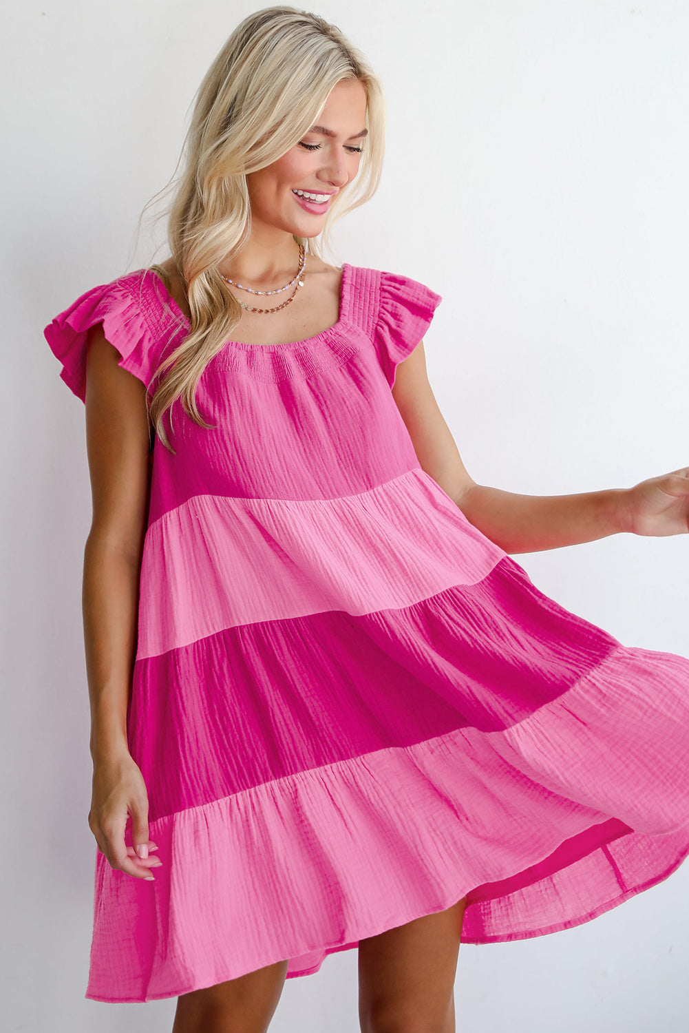 Pink Crinkled Colourblock Patchwork Flutter Tiered Mini Dress eAura