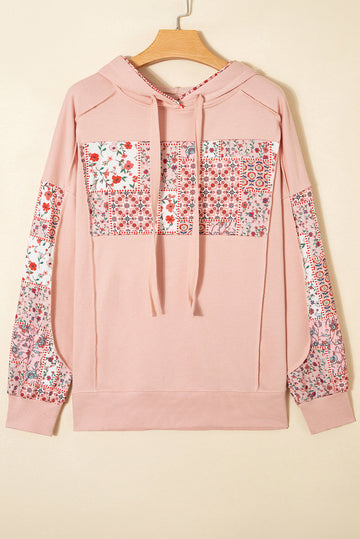 Mix Floral Patchwork Side Slit Drawstring Hoodie eAura