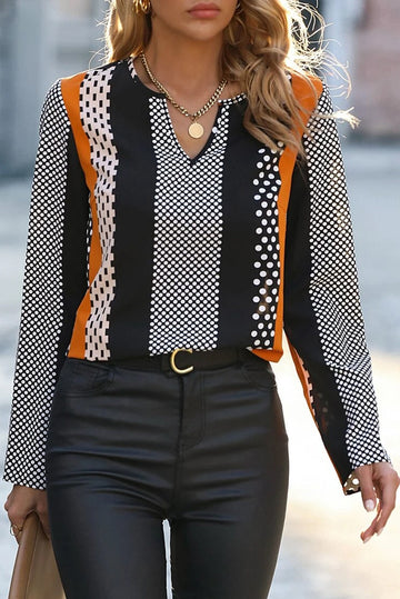 Orange Geo Print Colourblock Notched V Neck Blouse eAura
