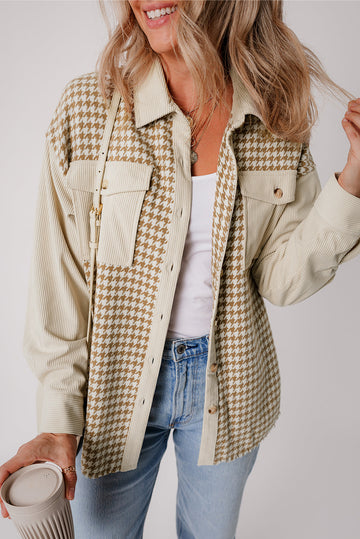 Parchment Houndstooth Corduroy Patchwork Flap Pocket Shacket Beagle Boutique Fashion Outlet