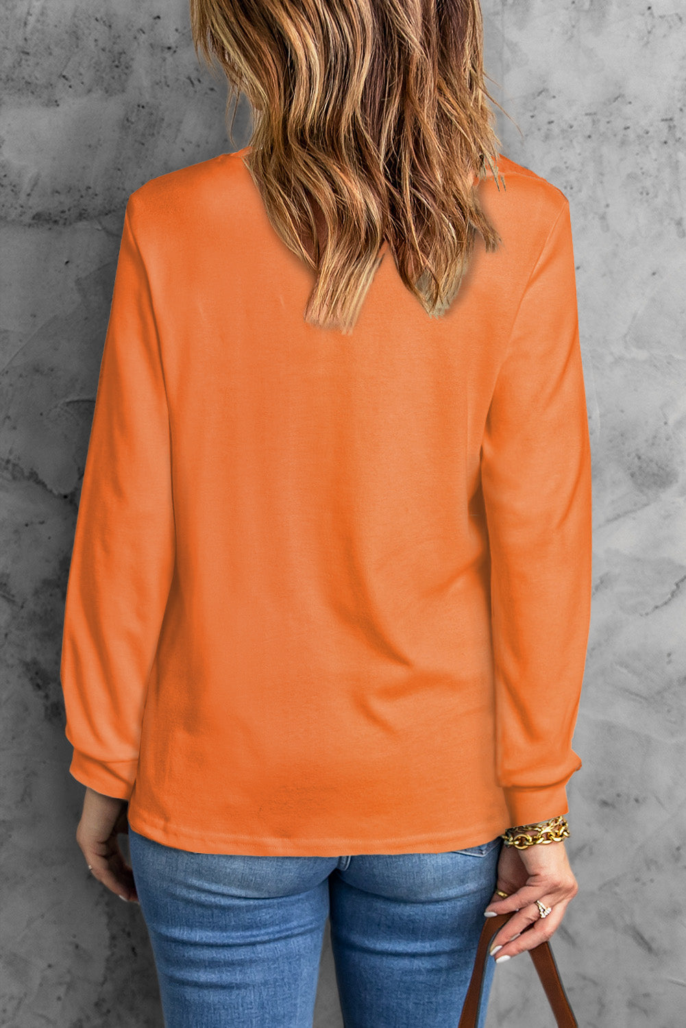 Orange Plain Crew Neck Long Sleeve Top eAura