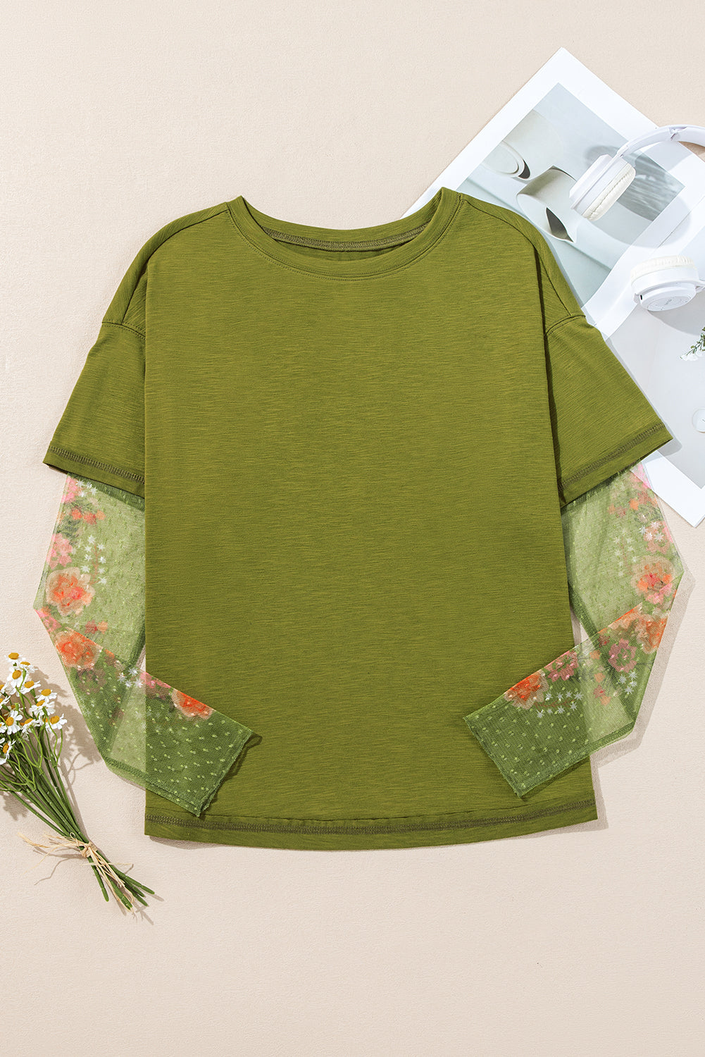 Fern Green Faux Two Piece Floral Long Sleeve Patchwork Tee eAura