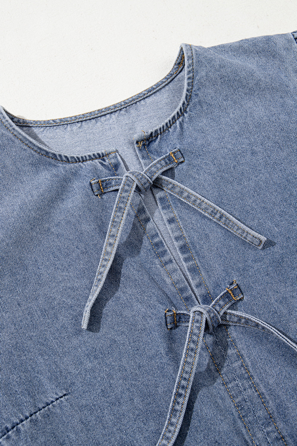 Dusk Blue Bowknot Bubble Sleeve Short Denim Dress eAura