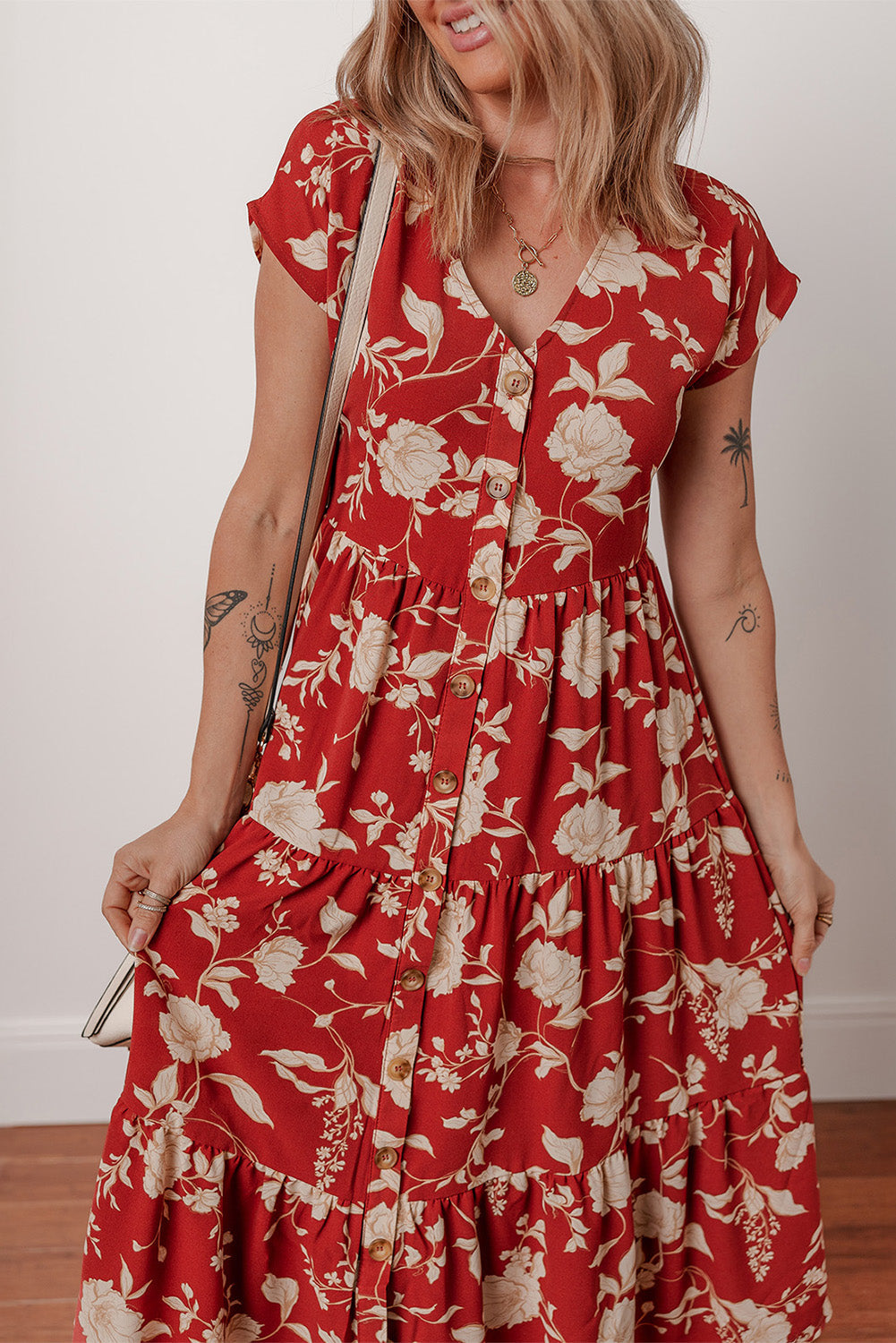 Red Floral Print Buttoned Front V Neck Tiered Short Sleeve Maxi Dress eAura