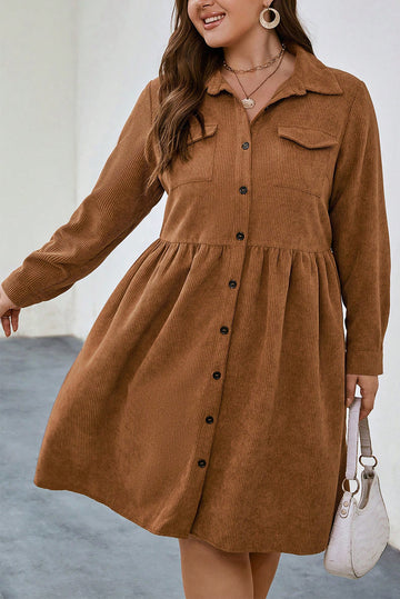 Soft Corduroy Full Buttoned Collared Shirt Dress Plus Size - eAura