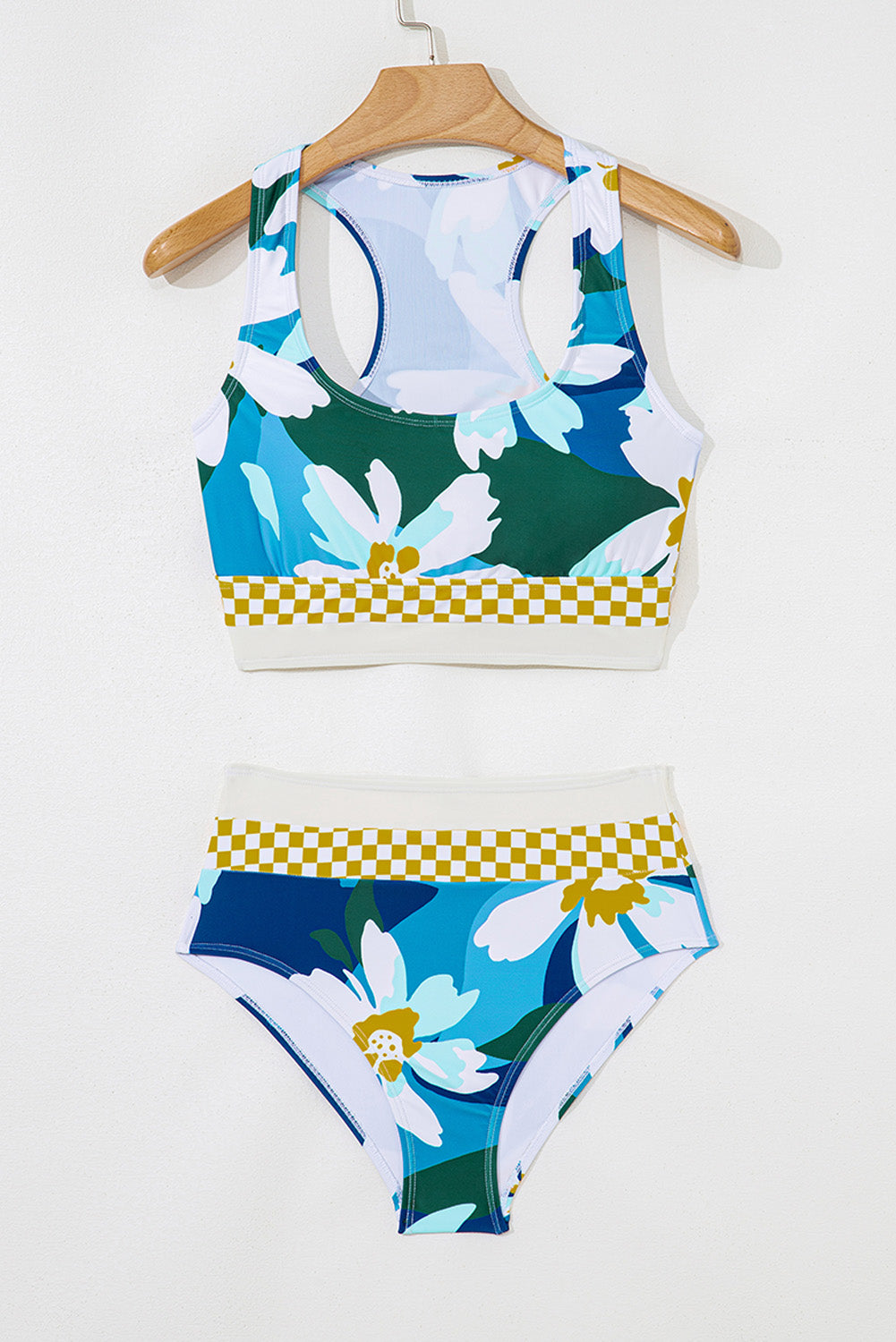 Blue Floral Print Racerback Cutout High Waist 2pcs Bikini eAura