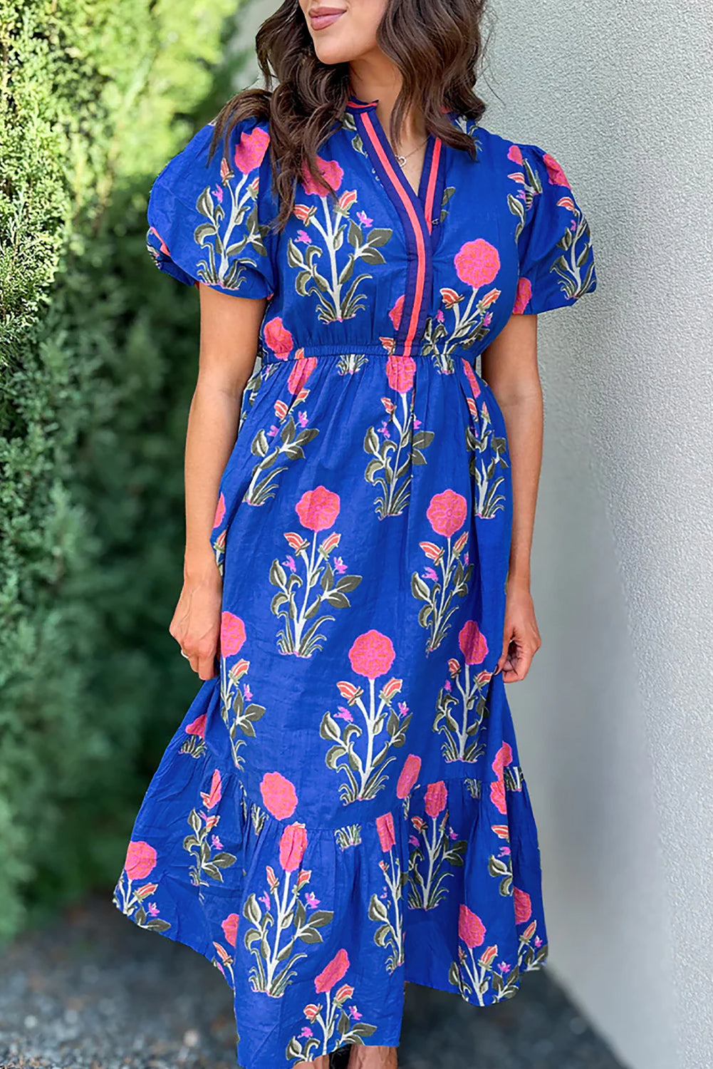 Floral Puff Short Sleeve V Neck High Waist Maxi Dress eAura