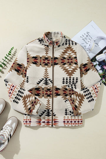 Beige Aztec Printed Stand Neck Zip Up Jacket eAura