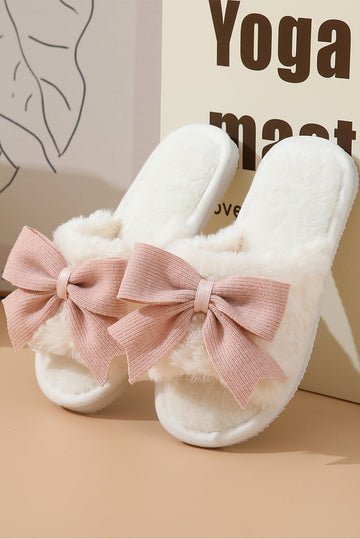 White Bow Knot Decor Open Toe Plush Slippers BB Fashion Outlet