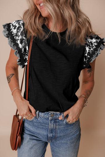 Black Ricrac Trim Printed Flutter Sleeve Contrast Patchwork Blouse BB Fashion Outlet