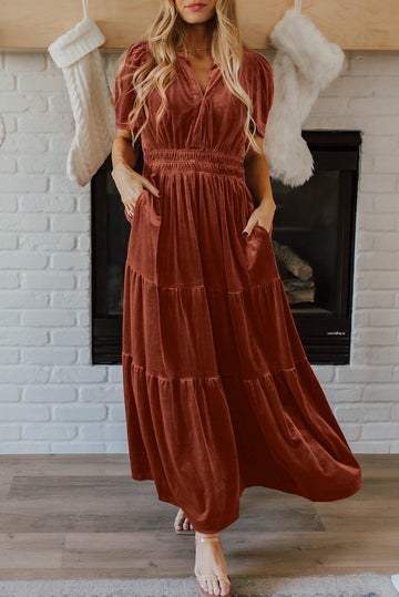 Chestnut Velvet Short Sleeve Shirred Waist Tiered Maxi Dress eAura