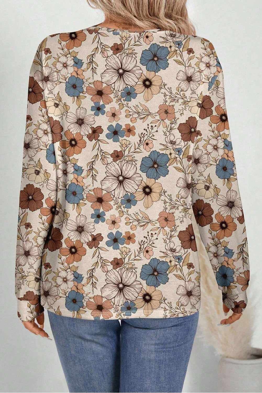 Khaki Floral Print Loose Crew Neck Long Sleeve T Shirt eAura
