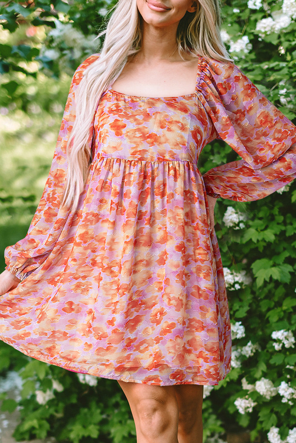 Rose Floral Print Square Neck High Waist Mini Dress eAura